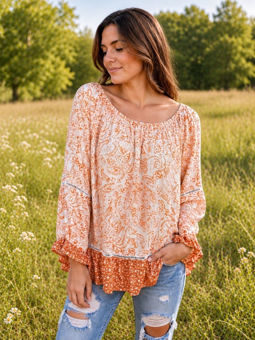 Fever Coral/Orange Paisley Boho Peasant Blouse Large EUC